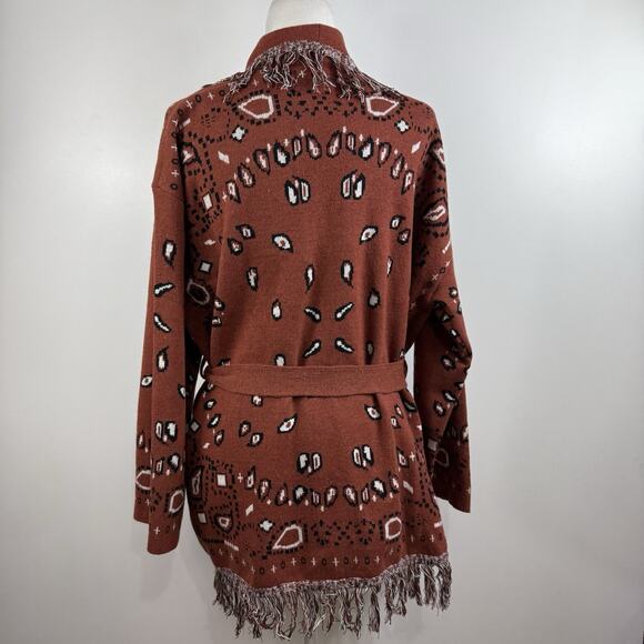 On Twelfth Rust Brown Bandana Print Cardigan XL Fringe Belted Boho Western Wool - Picture 7 of 13